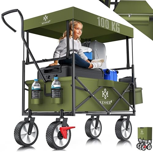 KESSER® Bollerwagen faltbar mit Dach Handwagen Transportkarre Gerätewagen klappbar mit 360° drehbare Vorder-Räder, Vorderrad-Bremse & Vollgummi-Reifen inkl. XXL Außen-Tasche, 2 Netztaschen & Abdeckung