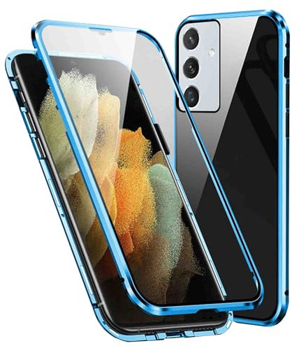 Wigento Für Samsung Galaxy A55 Beidseitiger 360 Grad Magnet Glas Hülle Handy Tasche Bumper Blau