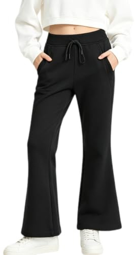 Rolanko Pantalones de Niña de Cintura Elástica con Uniforme Escolar Lisos y Acampanados Pantalones de Deporte, Negro, Talla: 10-11 Años/150