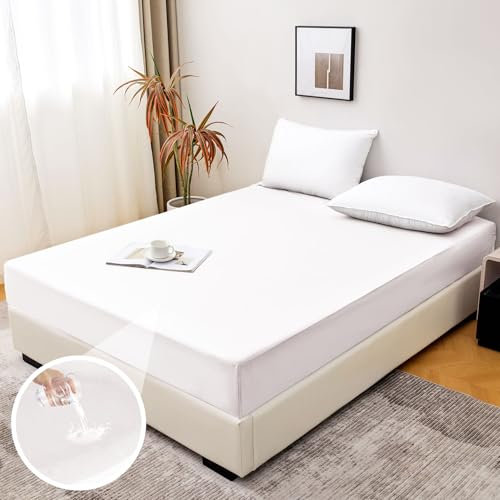 Aisprts Spannbettlaken 90x200cm Wasserdichtes Bettlaken mit Rundumgummi rutschfeste Spannbetttücher Atmungsaktiver Matratzenschoner Inkontinenz Spannbettlaken Höhe bis 30 cm, Weiß