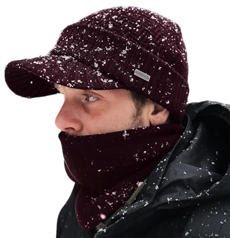 Comhats PolarWool™ Wintermütze Herren Winter-Set mit Wollgestrickter Schirmmütze und Fleece-Schal/Halswärmer für Herren und Damen - Warme gestrickte Schirmmütze Weinrot L