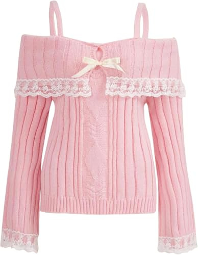 FENXIXIONE Chandails courts à épaules dénudées pour femmes pull coquette en tricot côtelé haut à manches longues en dentelle (Rose,L)
