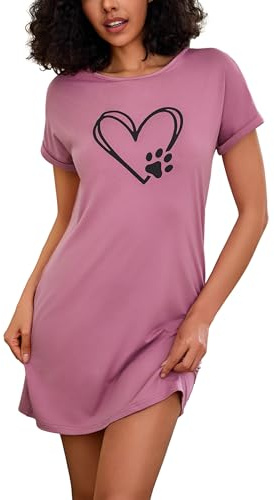 Leversic Camisón Mujer Camisón de Manga Corta Enrollado Camisones de Jersey con Cuello Redondo Vestido Tipo Camiseta Ropa de Estar por Casa Suave(Rosa,XL)