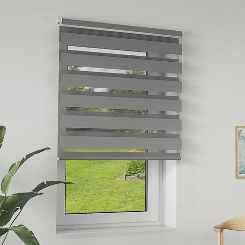 LILIIN Doppelrollo klemmfix ohne Bohren, Duo Rollo Blickdicht Zebrarollo Rollos für Fenster & Tür, Rollo Klemmrollos für Wohnzimmer Küche Büro lichtdurchlässig und Verdunkelnd, Grau, 120x150cm