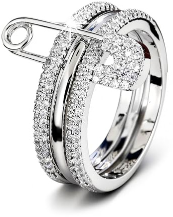 Pregeckit Anelli impilabili con spilla da balia alla moda da donna con zirconia cubica pavé di zirconia cubica, anello multi-link collegato, grosso, gioielli da regalo (argento, 9)
