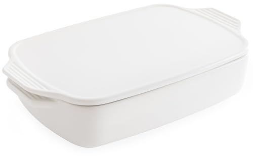 Chef Pomodoro Cazuelas de Cocina (39,3 × 23,8 cm), elegante Fuente Horno Cerámica blanca, Bandejas para Servir Comida y Bandejas para Horno, Rustidera de Cristal resistente y duradera con tapa