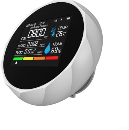 Détecteur de dioxyde de carbone 6 en 1 pour la qualité de l'air, l'humidité, TVOC avec alertes à code couleur, stockage de données et connectivité smartphone (blanc)