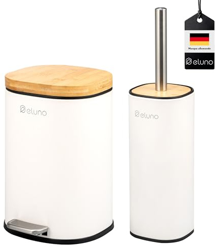 eluno Badezimmer Zubehör Set FRAMURA 2tlg. bestehend aus 1 Kosmetikeimer mit Soft-Close Deckel und 5 Liter Fassungsvermögen und 1 WC-Garnitur, aus Metall mit Bambusdeckel (Weiß)