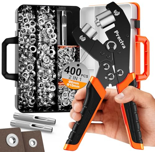Preciva Eyelet Punch Kit, with 6+10mm Eyelets (400pcs), Hole Punching Tool and Toolbox, Quick-Change Grommet Tool Kit, Magnetic Jaws Suitable for Fabric, PVC Banners, Tarpaulins, etc