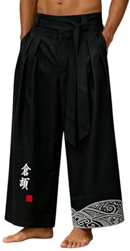 Générique Pantalon Homme Long et Court en Lin Style Japonais Traditionnel Pantalon Large Sarouel Hakama Harajuku Streetwear Taille