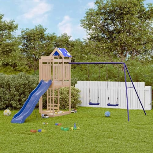 mzdioop Torre de juegos de madera maciza de pino con tobogán ondulado y columpio doble, juguete de jardín para niños, estructura de escalada con caja de arena, parque infantil al aire libre para