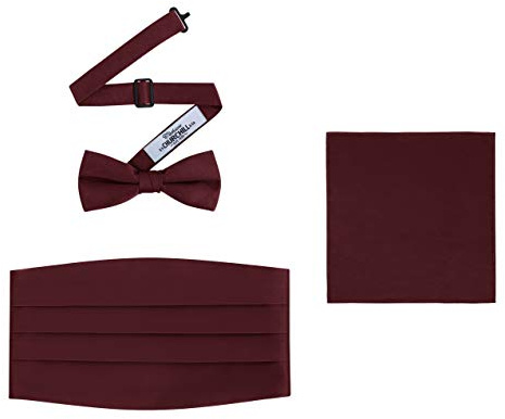 Men's 3 Piece Formal Accessory Set with Bow Tie, Cummerbund & Pocket Hanky (Burgundy)