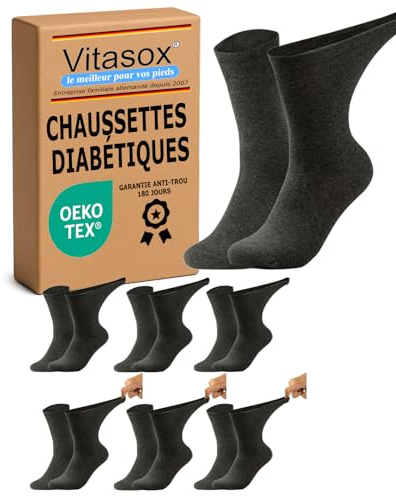 Vitasox Chaussettes diabetiques pour Homme, lot de 6 Paires Anthracite 43-46, bas de santé flexibles en Coton – Sans Élastique & Sans Abdominement ni Coupure