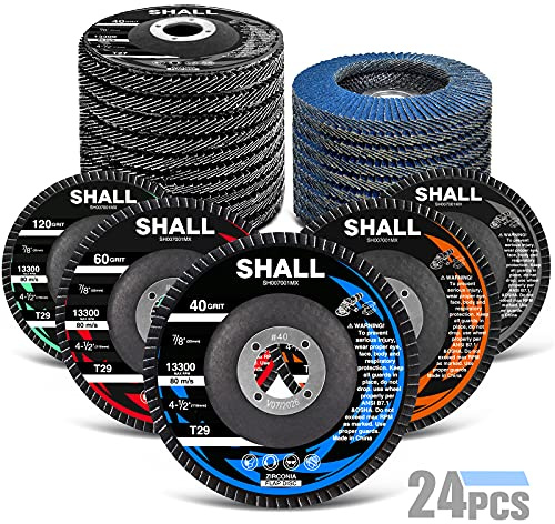 SHALL 24-Pack Flap Disc, 4-1/2 x 7/8, Zirconia Grinding Wheel 40/60/80/120 Grit T29 & 40 Grit T27 Angle Grinder Abrasive Sanding Disc with Etched Grit Number Indication, 80pcs Emery Cloth Per Disc