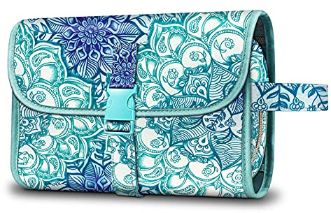 FINTIE Beauty Case da Viaggio Portatile Trucco, Borse Toilette da Viaggio Borsa Grande Custodia Organizer con Gancio per Appendere per Donna e Ragazze, Emerald Illusions