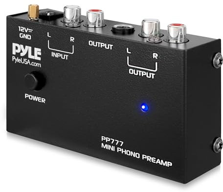 Pyle Output PP777 - Preamplificatore per giradischi Phono Mini ingresso preamplificatore audio stereo elettronico, uscita RCA e funzionamento a basso rumore, alimentato da adattatore CC da 12 Volt