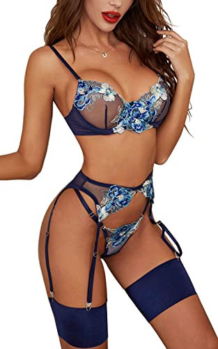 Kimlyf Dessous Damen Sexy Unterwäsche Reizwäsche Dessous Sexy Set für Damen mit Strapsen mit Spitze mit BH und Slip mit Beinbändern 4 Stück innen Dunkelblau S