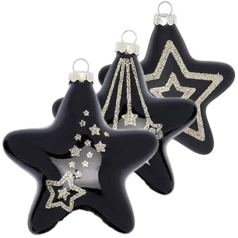 Magic Christbaumschmuck Sterne Glas | Set 3 Sterne 8cm | Weihnachtskugeln Christbaumkugeln Stern-Form (Ebony Black // schwarz)