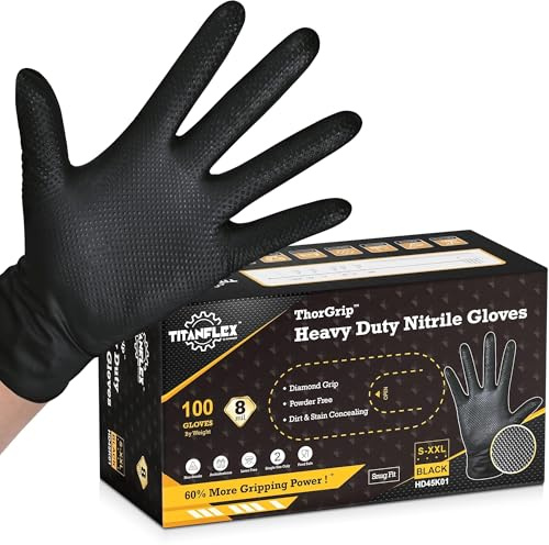 TitanFlex Heavy Duty Black Industrial Nitrile Gloves, 8-mil, XL, Box of 100, Latex Free, Raised Diamond Texture, Powder Free, Food Safe, Rubber Gloves, Mechanic Gloves