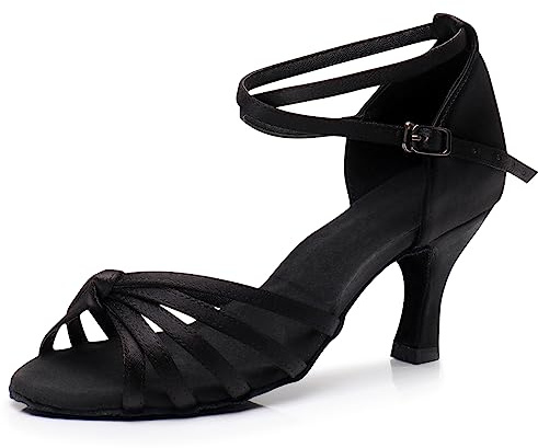 PADGENE Chaussures de Danse à Semelle Molle en Satin pour Femmes, à Talons Hauts Chaussures de Danse pour Jazz/Latin/National Mark/Rumba/Cha Cha, M - Noir - 5cm, 36 EU