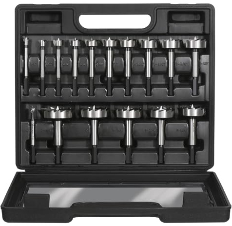 Vearter 16PCS Forstner Drill Bit Set, 1/4'' to 2-1/8'' HCS Multi-Tooth Woodworking Tools with Hex Shank, Hole Saw Cutter Hinge Boring Bit Kit for Solid Wood, MDF, Particleboard
