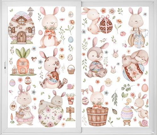 12 hojas de calcomanías para ventanas de Pascua, decoraciones de lindos huevos de conejito y flores