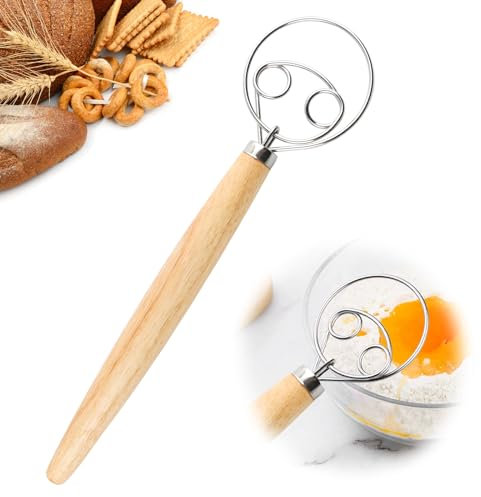 Dänischer Teigbesen,Mit Holzgriff Mixer 304 Edelstahldraht,Professioneller Teig Schneebesen, Brotteig Schneebesen, Eierschläger, Holzgriff Mixer,für Backen Brot Gebäck Dessert Pizzateig