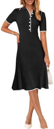 MEROKEETY Women's V Neck Ribbed Knit Midi Dress Short Sleeve Button Elegant Bodycon Sweater Dresses, Black, Small