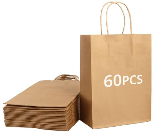 QWORK® 60 piezas bolsas de papel marrón con asas, bolsa regalo,15 x 8 x 21 cm, para fiestas, embalaje, bolsas de regalo de cumpleaños, bolsas de compras