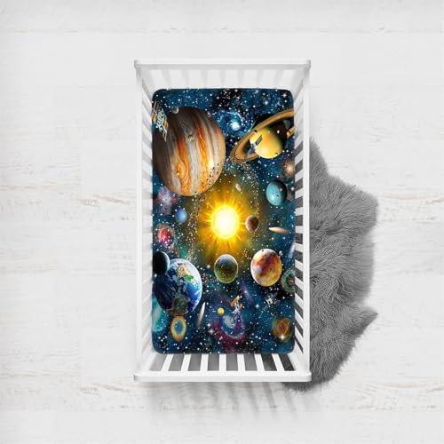 Odot Spannbetttuch für Babybett, Planet Muster Kinderbett Spannbettlaken Kinderwagen Moseskorb Matratzenbezug Atmungsaktive Mikrofaser Beistellbett Spannbettlaken (65x95cm,Universum)