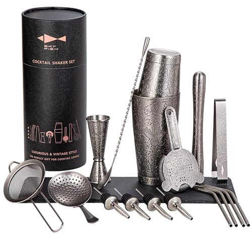 SKY FISH Boston - Set di shaker per cocktail, design in rilievo 3D, kit da 18 pezzi, set di utensili da bar in acciaio inossidabile, grigio siderale