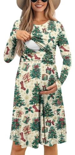 Coloranimal Vintage Christmas Tree Print Nursing Dresses for Women Breastfeeding Womens Knee Long Dress Maternirt Dress Christmas Theme Knee Long Dress
