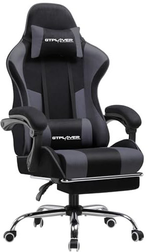 GTPLAYER Gaming Stuhl Stoff, Bürostuhl Massage Gaming Sessel Ergonomischer Gamer Stuhl mit Fußstütze, Kopfstütze Massage-Lendenkissen, Gepolstert Gaming Chair, Drehsessel, grau