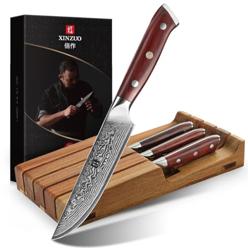 XINZUO 5 Pezzi Set di Coltelli da Bistecca Acciaio Damasco a 67 Strati-Affilati Coltelli da Carne Forgiato a Mano Coltello da Tavola con Legno di Acacia Cassetto Portacoltelli-Manico in Legno di Rosa