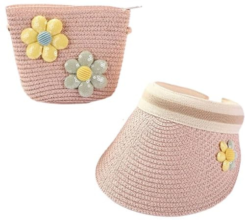 REYOK Cappello da Sole per Ragazze Cappello di Paglia Cappello da Spiaggia Estivo e Mini Set di Borse, Bambino Ragazze da Spiaggia Estivi Fiori Berretto per attività All'aperto (Rosa)
