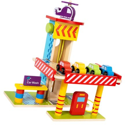 F Fityle Garage en Bois, Jouet de Simulation, Cadeaux pour Enfants, Simulation éducative, Station-Service réaliste, Garage à Trois Niveaux