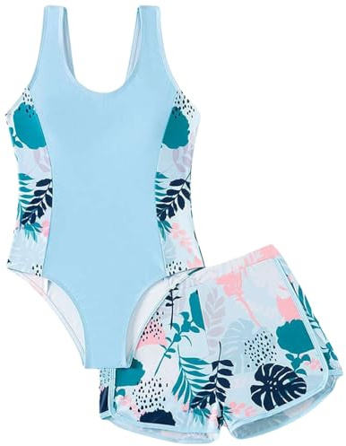 Xumplo Girls Swimming Costume Tween Girl One Piece Swimsuit with Shorts Young Girls Floral Swimwear Crew Neck Bathing Suit Blue 12-13 Years