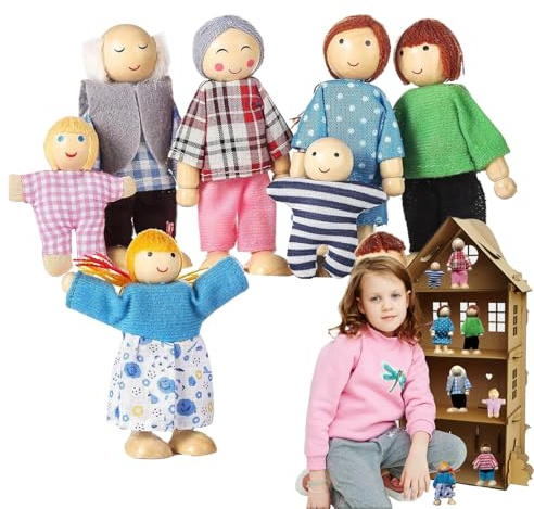Dockhus Familjefigurer Set Böjbara Flickor och Pojkar | 8 delar trä småbarnsleksaksfigurer Små Barnens Dockhus Människor Böjbara Träfamilj för Förskola, Skola, Dag, , Sovrum och