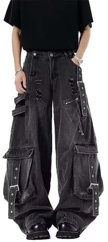 Baggy Cargo Jeans för Män Y2K Låg Midja Vintage Slitna Grunge Byxor Hip Hop Harajuku Mode Streetwear med Ficka