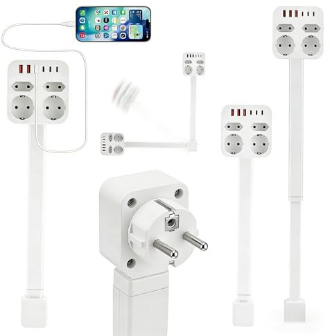 Ciabatta Multipla a 4 Prese con 3 USB-C, Presa Allungabile e Orientabile (47-67 cm), Adattatore Presa Girevole Estensibile a 360°, Protezione da Sovratensione, Montabile a Parete per Casa, Cucina