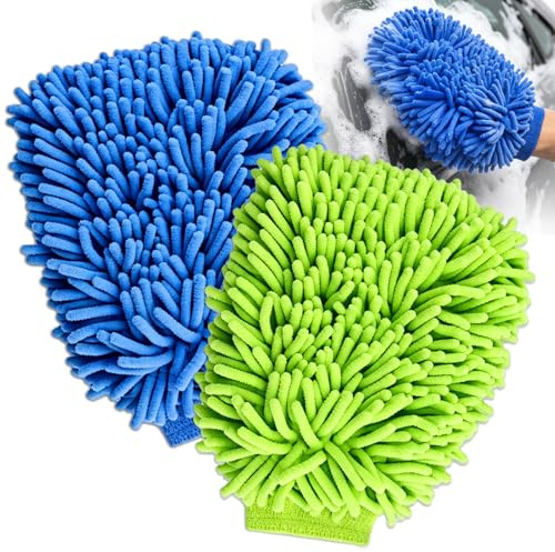 nailpretty Pack de 2 Guantes de Lavado para Coche en Microfibra, Suaves, Muy Absorbentes y Anti-Rayaduras para Eliminar Suciedad Difícil,Duraderos y Estables(Verde Fluorescente,Azul)