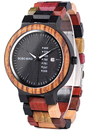 BOBO BIRD Mens Colorful Wooden Watches Analog Quartz Week Date Display Wood Watch Handmade Sport Casual Wristwatch with Gifts Box