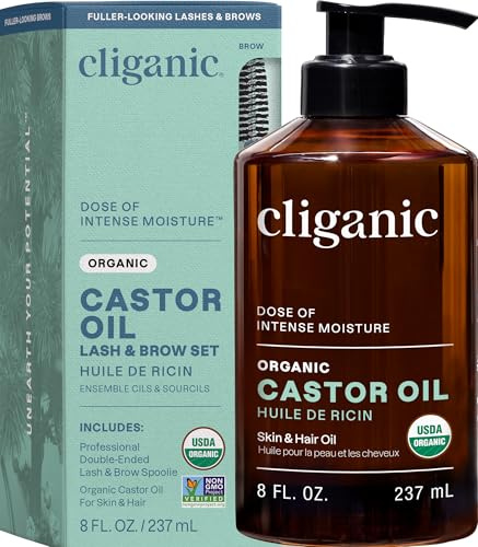 Cliganic Organic Castor Oil, 100% Pure (240ml with Eyelash Kit) - For Hair, Lash, Brows & Skin | Natural Cold Pressed Unrefined Hexane-Free | DIY Carrier Oil | Cliganic 90 Days Warranty