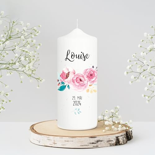 Bougie Baptême personnalisée Fille – Cierge Baptême avec prénom et date – Cierge de parrainage – Bougie imprimée – Cadeau parrain marraine – 18 x 7 cm