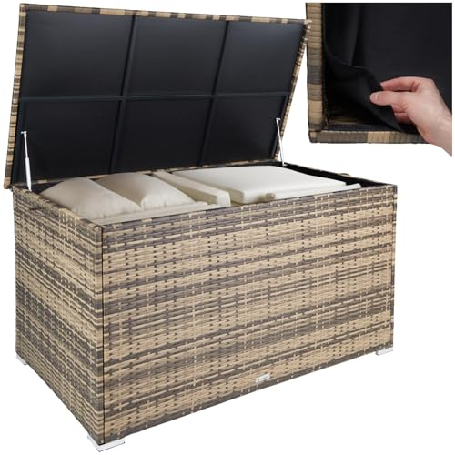 tectake® Coffre de jardin Exterieur, Coffre à Coussins 750 L en Aluminium Polyrotin 145 x 82,5 x 79,5 cm, Couvercle Rabattable, Poignées pour Rangement des Outils de Jardin, Jouets