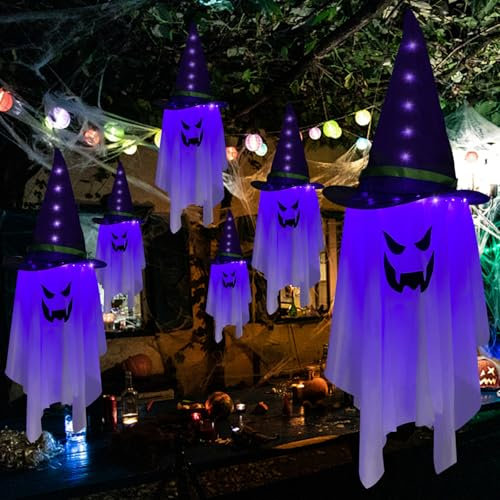 Jsdoin Halloween Decorations Hanging Ghost Lighted Flying Ghost Grim Reaper Skull Chains Glowing Ghost White Ghost Wizard Hat for Garden Yard Halloween Party Tree Door Lawn Party Supplies