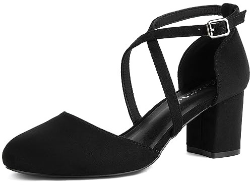 Greatonu Women's Black Low Block Heeled Dress Pumps Closed Round Toe Cross Strap Wedding Bridal Party Office Shoes Size 9
