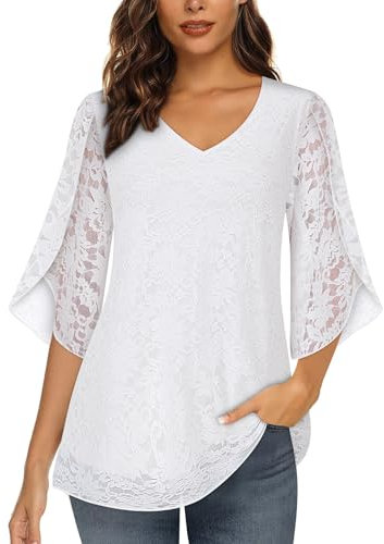 Syphiby Womens Lace Tops Ladies Ruffle Blouse Shirts Women Elegant Tops 3/4 Sleeve Tunic Top Double Layered Tops Womens Going Out Tops Business Tops Office Top Flowy Curved Hem Summer Tops White