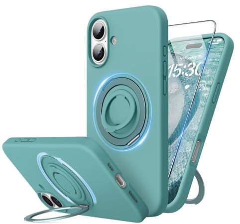 SURPHY für iPhone 16 Hülle Silikon für MagSafe mit 360° Unsichtbarer Ständer & Silikon Ring, Stoßfeste Kratzfeste Handyhülle iPhone 16 Case 6,1 Erhöhter Randschutz, Grün