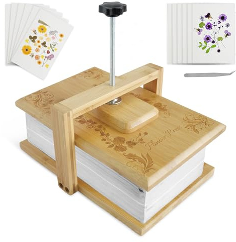 Whemyreat Set per rilegatura a libro, pressa per fiori, in legno, per fai da te, set di conservazione per piante floreali pressate, pressa di carta, set con 6 pezzi di carta assorbente, 1 pinzetta